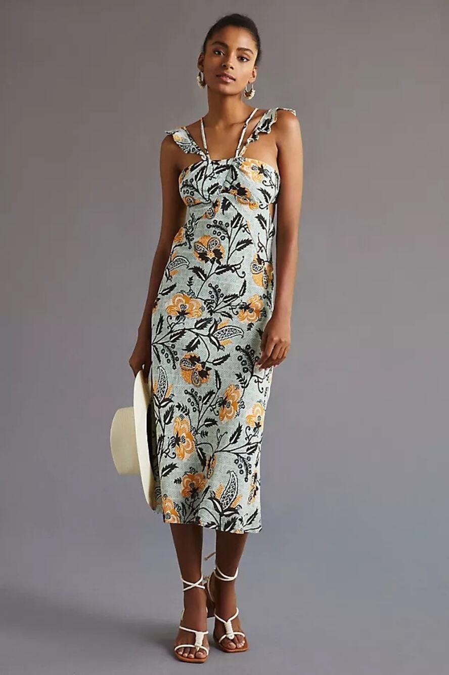 Anthropologie Halter Linen Blend Floral Slim Midi Dress Size Large